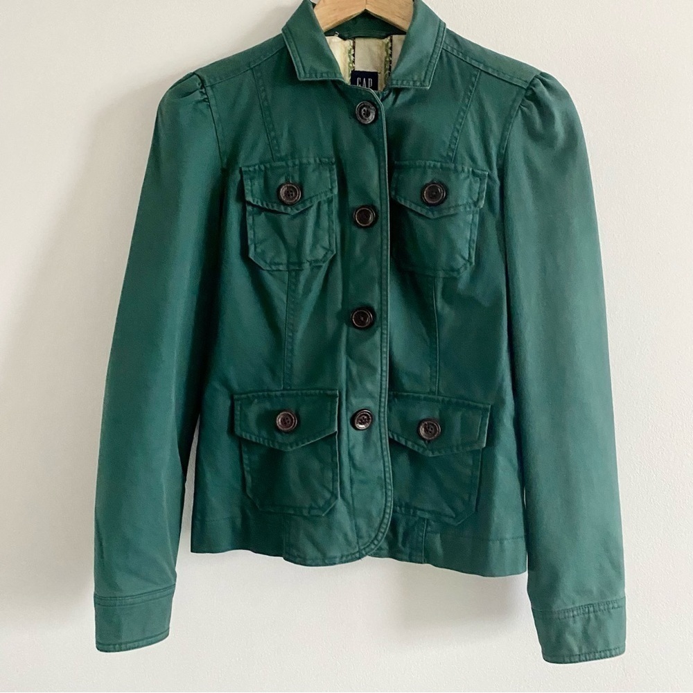 Gap Green Cavas Fitted Button Short Jacket Puff Sleeve Cotton Utility Coat